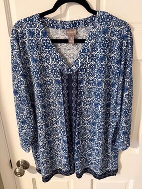 Chico's Medallion Split Neck Tunic Top Raglan 3/4 sleeve Size 2 (US 12/L)